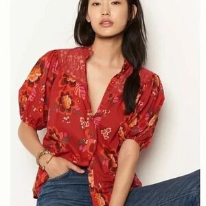 NWT Anthropologie Farm Rio Giustina Red Floral & Lace Blouse size Small